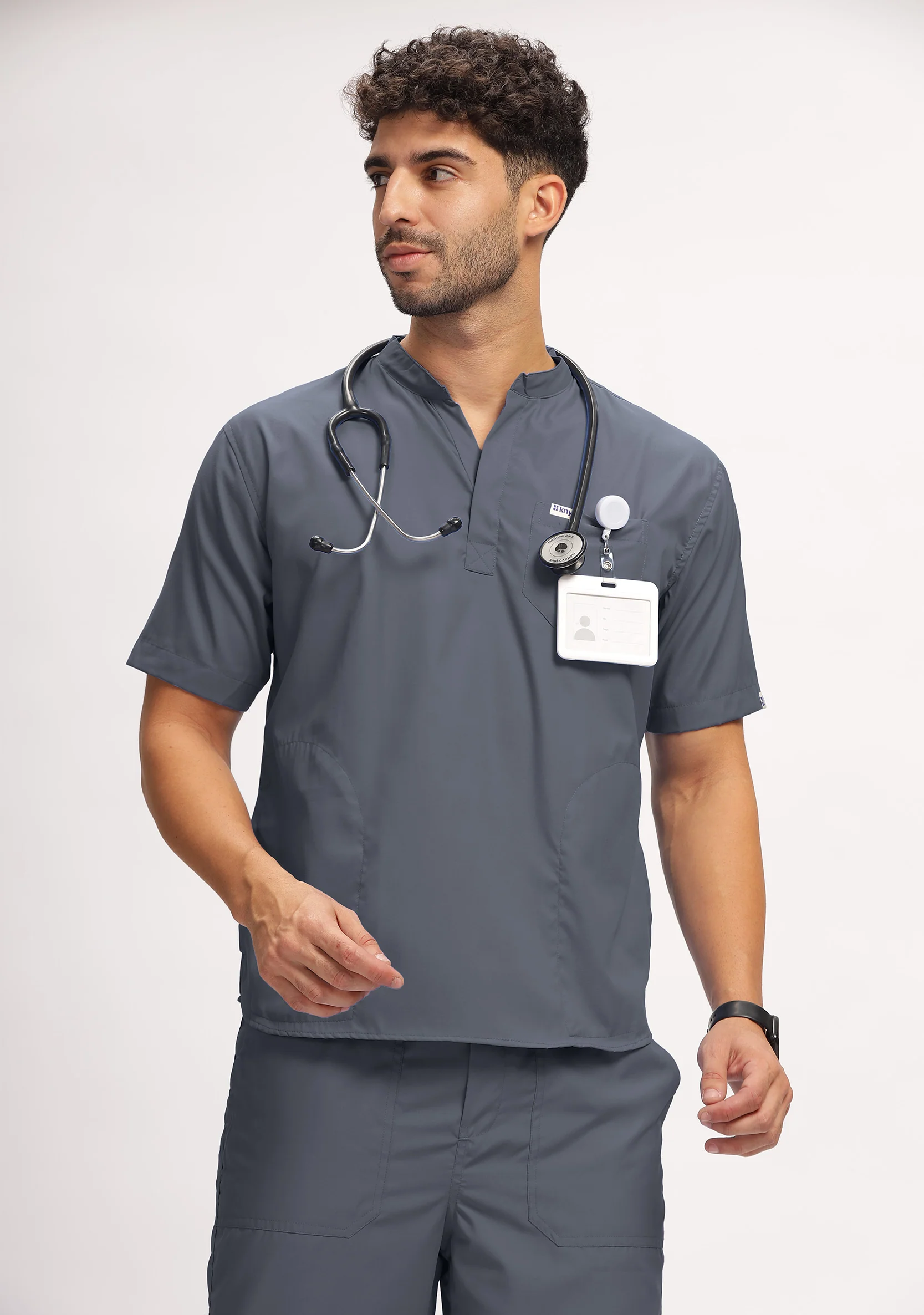 Classic Men's Mandarin Collar (Heather Grey) Scrub - Image 5
